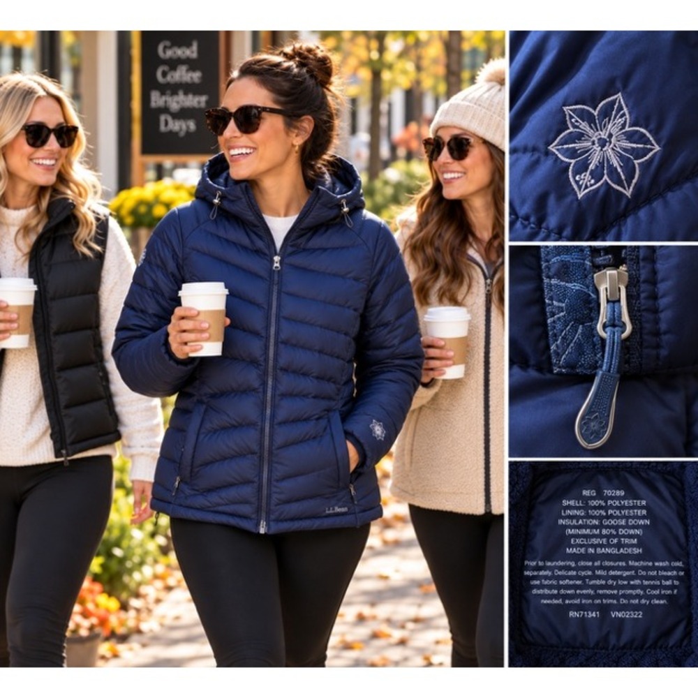 LL Bean Womens Ultralight 850 Down Hooded Jacket Navy Blue Floral Quilt 70289